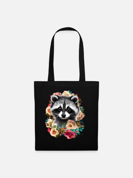 Waschbär Blumen - Stoffbeutel - Schwarz