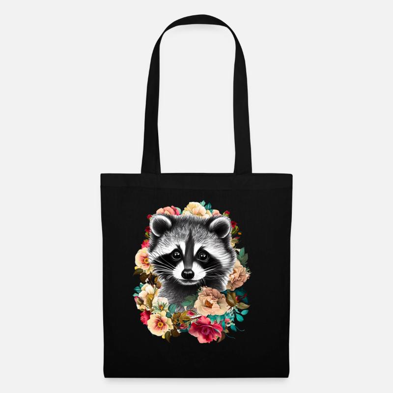 Waschbär Blumen - Stoffbeutel - Schwarz