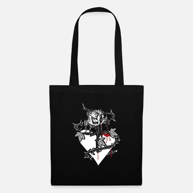 Blutende Rose mit Kreuz Stängel und Herz, Geschenk - Stoffbeutel - Schwarz
