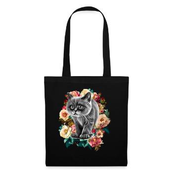 Katze Blumen - Stoffbeutel - Schwarz - Vorne