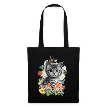 Katze Blumen - Stoffbeutel - Schwarz - Vorne