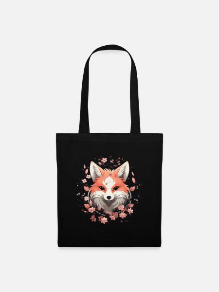 Kitsune Japanisch Kawaii Kirschblüte Sakura - Stoffbeutel - Schwarz