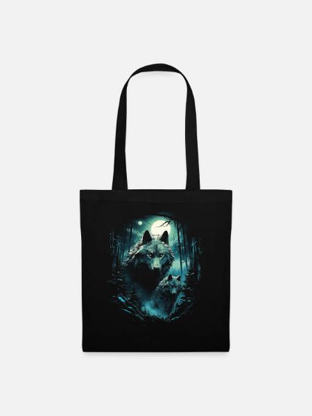 Fantasy Wölfe Wolf Mondlicht Illustration - Stoffbeutel - Schwarz