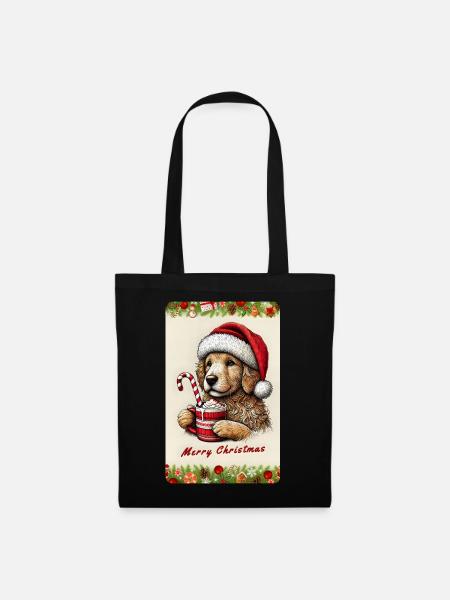 Weihnachts-Welpe mit heißer Schokolade - Stoffbeutel - Schwarz