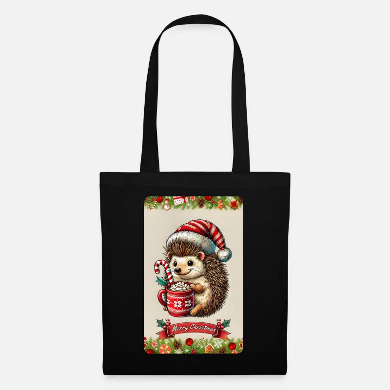 Weihnachtsigel mit heißer Schokolade - Stoffbeutel - Schwarz