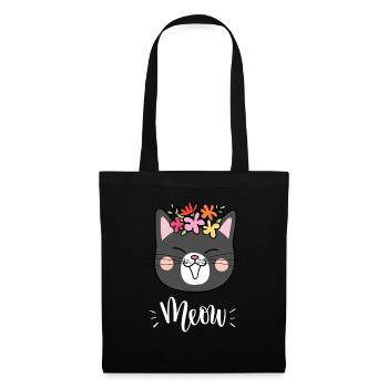 Niedliche Kawaii lustige Katze mit Blumen, die Miauen sagen - Stoffbeutel - Schwarz - Vorne