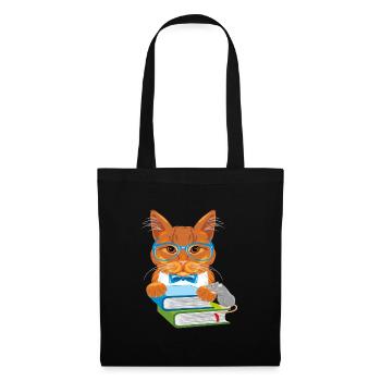 Kluge Ingwerkatze mit Büchern und lustiger Maus - Stoffbeutel - Schwarz - Vorne