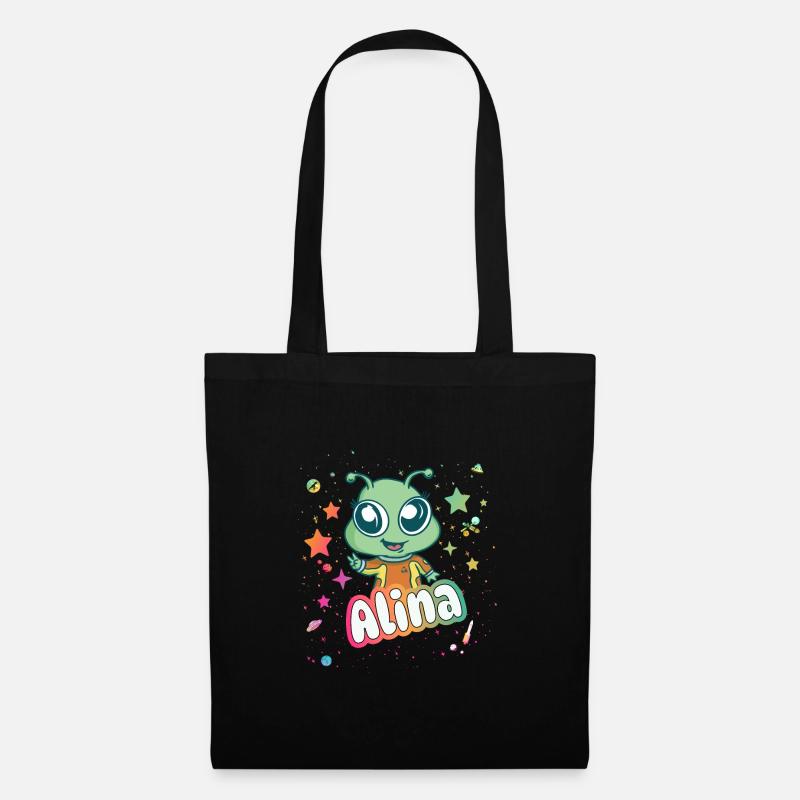 ALINA - Schöner Mädchen Name mit süßem Alien - Stoffbeutel - Schwarz