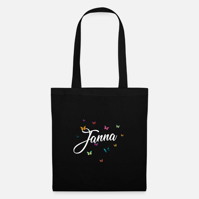 JANNA - Mädchen Name mit bunten Schmetterlingen - Stoffbeutel - Schwarz