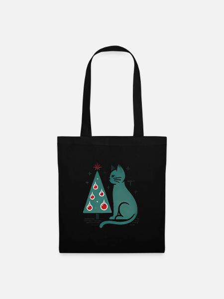 Vintage Katze Weihnachtsbaum Illustration - Stoffbeutel - Schwarz
