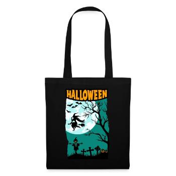 Halloween mit Hexe Vollmond Kürbissen und Friedhof - Stoffbeutel - Schwarz - Vorne