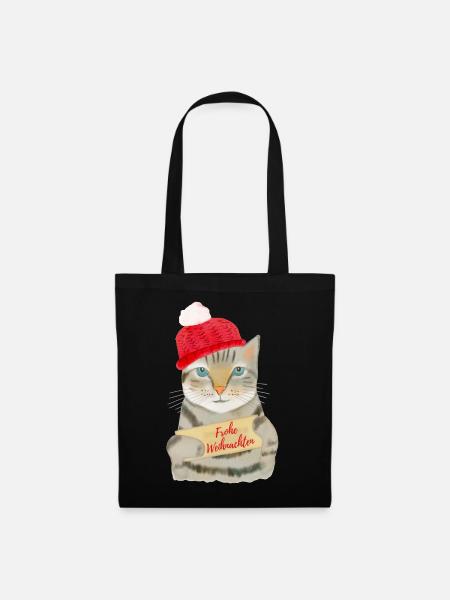 Süße Katze wünscht Frohe Weihnachten - Stoffbeutel - Schwarz