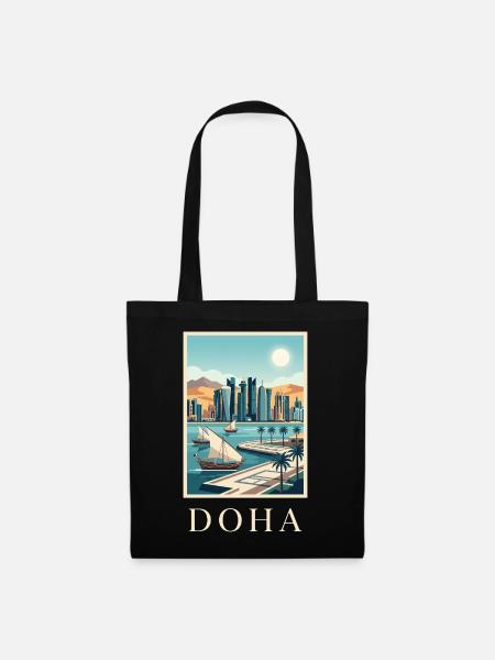 Doha Waterfront Cityscape Qatar Travel Poster - Tote Bag - black