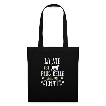 Vie plus belle chat femme humour chats idée cadeau - Sac en tissu - noir - Devant