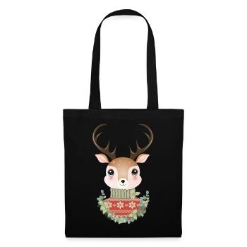niedlicher Hirsch mit Pullover und Weihnachtskranz - Stoffbeutel - Schwarz - Vorne
