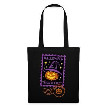 Briefmarke - Halloween Kürbis mit Zauberhut - Stoffbeutel - Schwarz - Vorne
