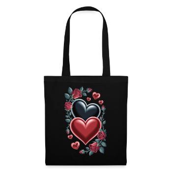 Herz Rosen T-Shirt - Rote Rosen und Herzen - Stoffbeutel - Schwarz - Vorne