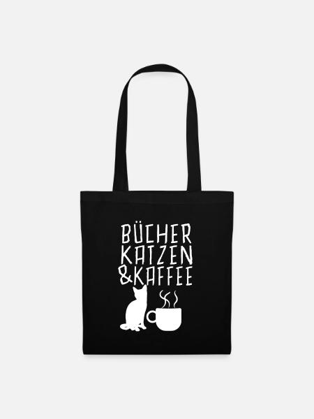 Buecher Katzen und Kaffee Cooler Spruch Lustig - Stoffbeutel - Schwarz