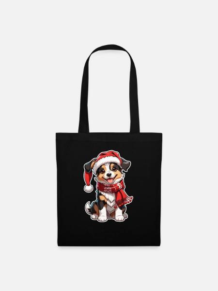 Hund mit Weihnachtsmütze - Stoffbeutel - Schwarz