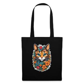 Katze und Blume Aquarell - Stoffbeutel - Schwarz - Vorne