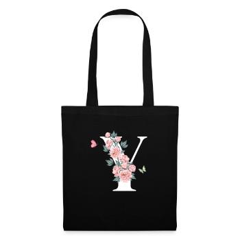 Buchstaben und rosa Blumen - Stoffbeutel - Schwarz - Vorne