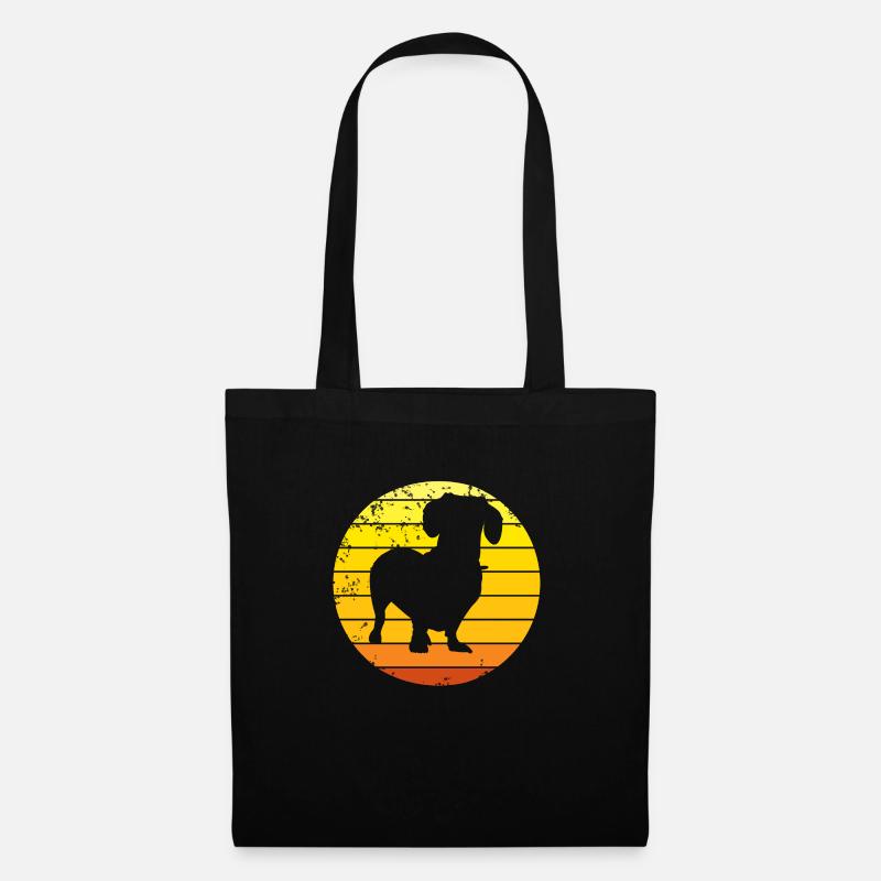 Dackel Dachshund Teckel Silhouette mit retro Sonne - Stoffbeutel - Schwarz