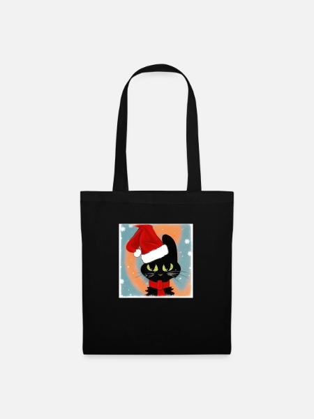 Katze Weihnachten Geschenk Weihnachtsmütze - Stoffbeutel - Schwarz