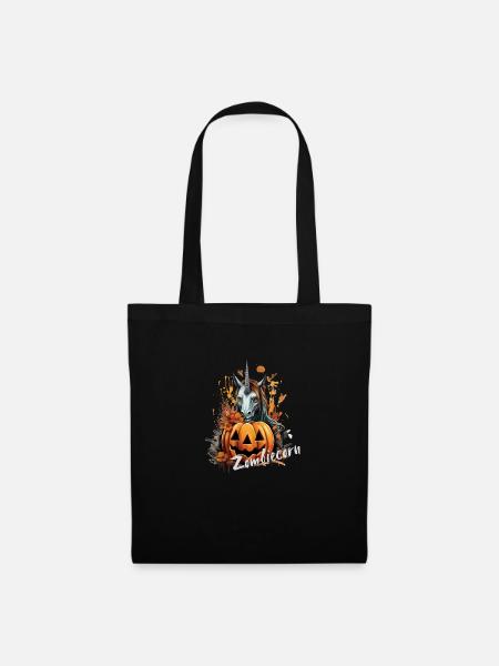 Einhorn mit Kürbis, Halloween, Zombiecorn - Stoffbeutel - Schwarz