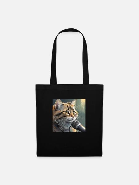 Katze mit Mikrofon - Stoffbeutel - Schwarz