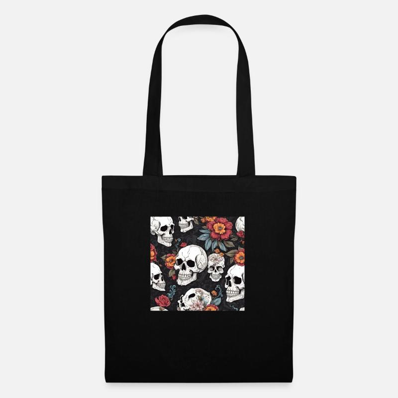 Totenkopf und Blumen - Stoffbeutel - Schwarz