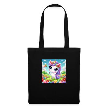 Einhorn mit Blumen - Stoffbeutel - Schwarz - Vorne
