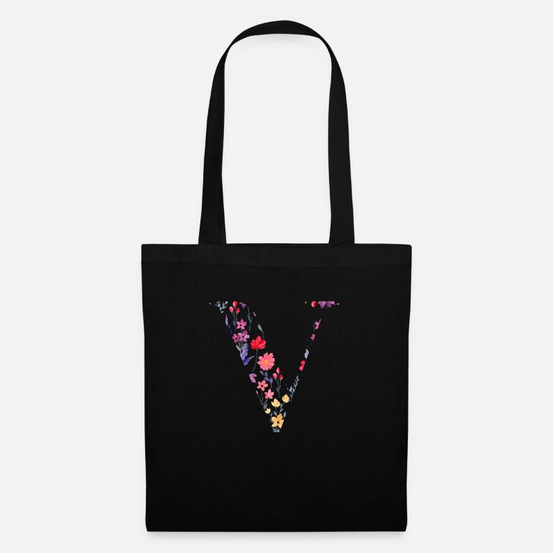 Personalisierter Blumenbuchstabe V - Geschenkidee - Stoffbeutel - Schwarz
