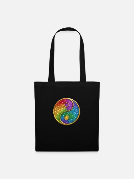Regenbogen Yin Yang Symbol Glitzer Gold Pailletten - Stoffbeutel - Schwarz