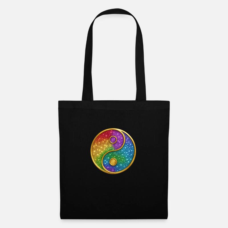 Regenbogen Yin Yang Symbol Glitzer Gold Pailletten - Stoffbeutel - Schwarz