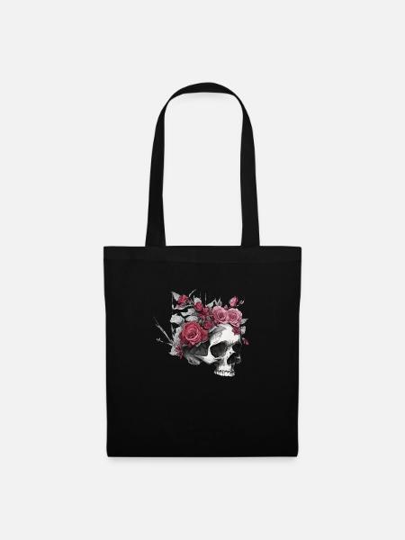 Totenkopf mit Rosen - Stoffbeutel - Schwarz
