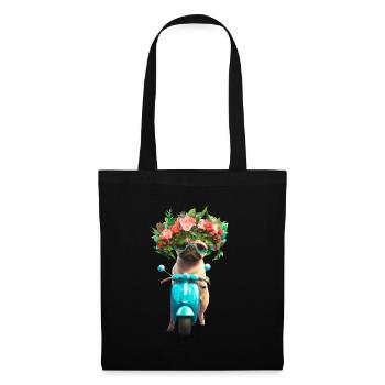 E-Rolller Mops mit Blumenkranz - Stoffbeutel - Schwarz - Vorne