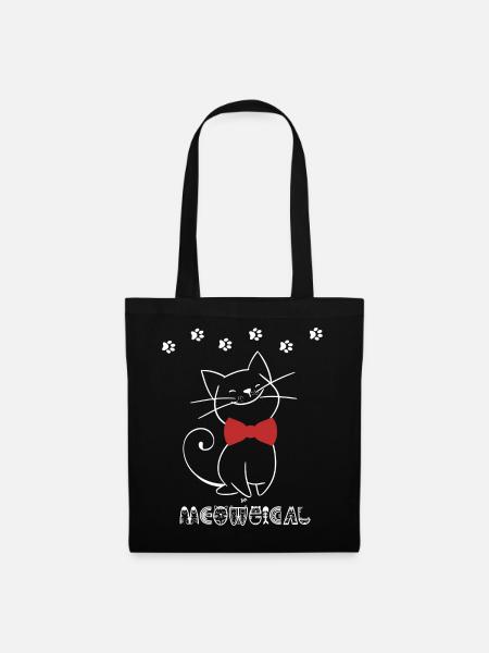 Playful cat illustration with red ribbon - Tote Bag - black