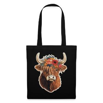 Bovins Highland avec fleurs - Sac en tissu - noir - Devant