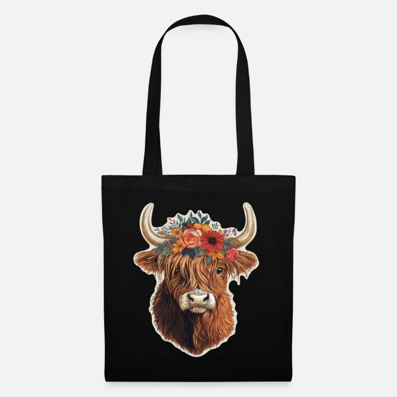 Bovins Highland avec fleurs - Sac en tissu - noir