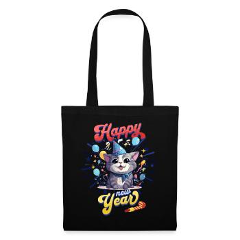 Silvester Katze Happy New Year Neujahr Party Feier - Stoffbeutel - Schwarz - Vorne