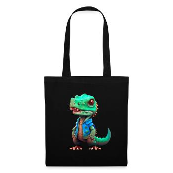 kleiner T-Rex in Jeansjacke - Stoffbeutel - Schwarz - Vorne