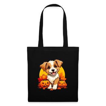 Chiot mignon avec des feuilles et des citrouilles - Sac en tissu - noir - Devant