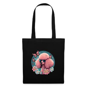 Rosa Pudel mit Blumen, Schmetterlingen, Retro Stil - Stoffbeutel - Schwarz - Vorne
