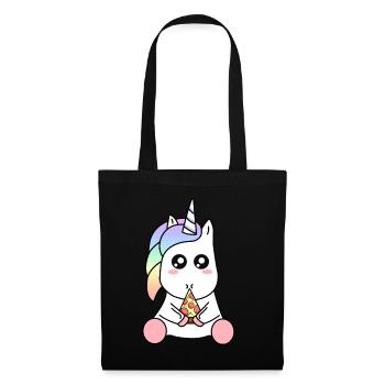Süße lustige Kawaii Einhorn essen Pizza Slice - Stoffbeutel - Schwarz - Vorne