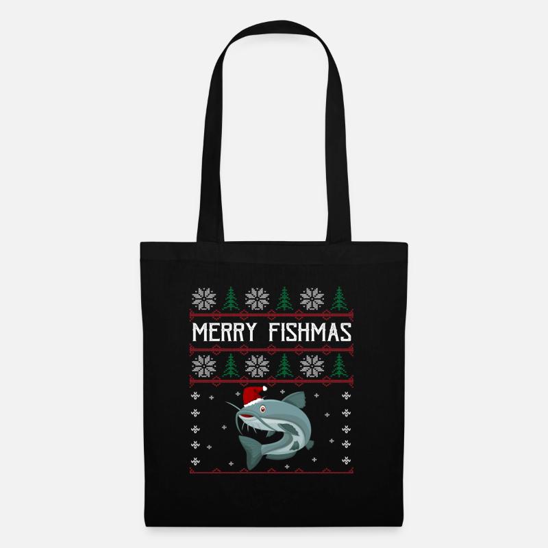 Merry Fishmas Anglershirt Wels Weihnachten - Stoffbeutel - Schwarz