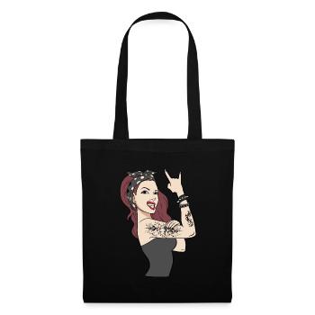 Girl Power PWR Pin Up Tattoo Rockabilly - Stoffbeutel - Schwarz - Vorne