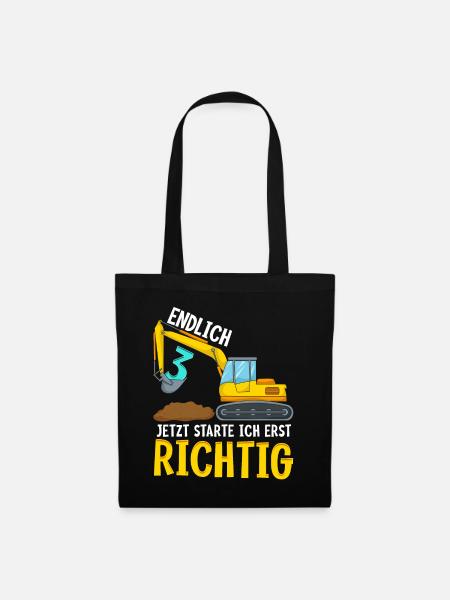 3. Geburtstag Bagger deko ich bin Endlich 3 Jahre - Stoffbeutel - Schwarz