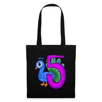 5 Jahre alt - 5. Geburtstag - Pfau Vogel Motiv - Stoffbeutel - Schwarz - Vorne