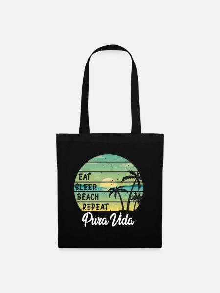 Eat Sleep Beach Repeat Pura Vida Palmen Sunset - Stoffbeutel - Schwarz