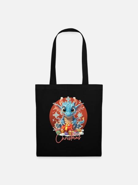 Frohe Weihnachten - Blauer Drache - Geschenk - Stoffbeutel - Schwarz